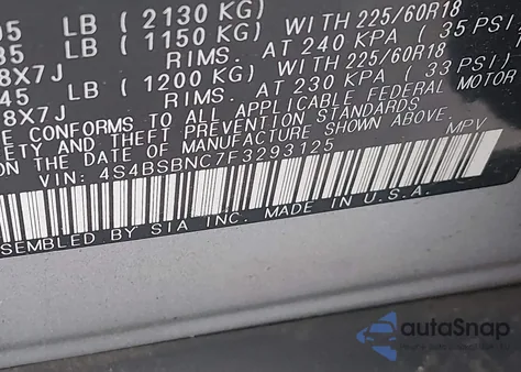 2015 Subaru Outback 2.5I Limited z USA, uszkodzony, nr VIN 4S4BSBNC7F3293125